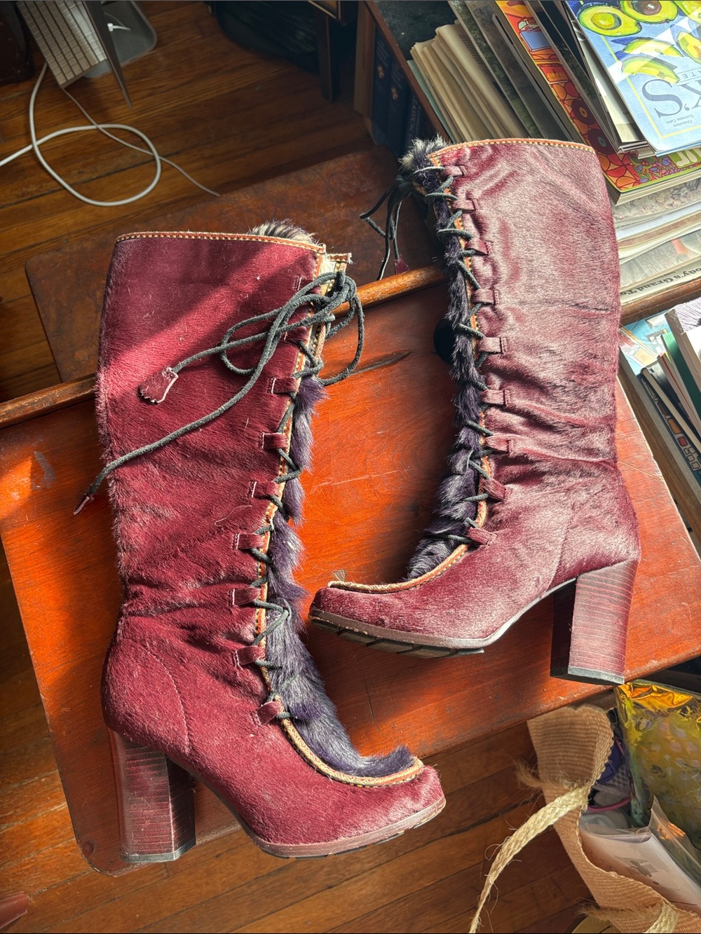 Rye Burgundy Lace-Up Rabbit Fur Trim Heeled Boots